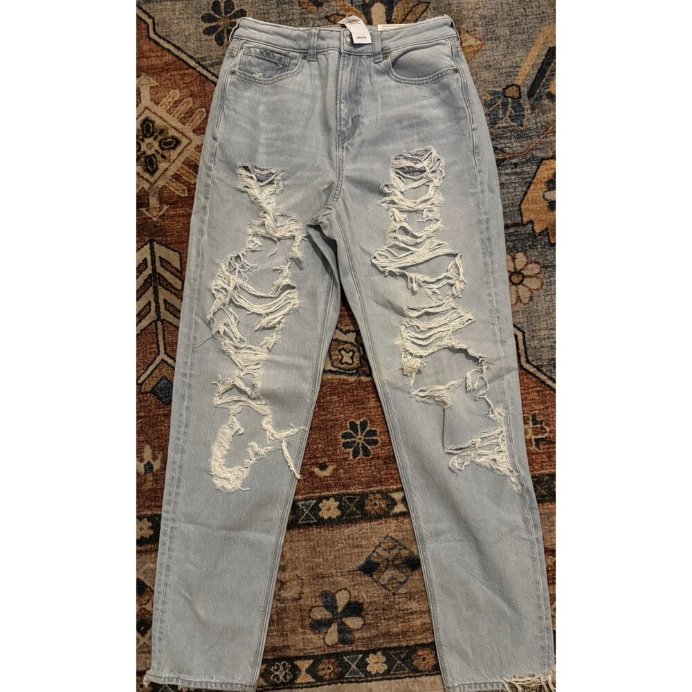 NWT American Eagle Ripped Mom Jean Blue Mist 8 X-Long High Rise Distressed $60